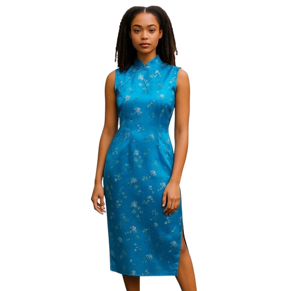 Size S/M Vintage Dress Silk Jacquard Chinese Style Cheongsam Turquoise - Picture 1 of 11